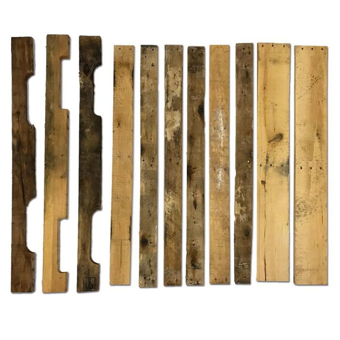 Ten wooden planks are arranged in a row, varying in color and texture, suggesting potential use in construction or crafting projects.