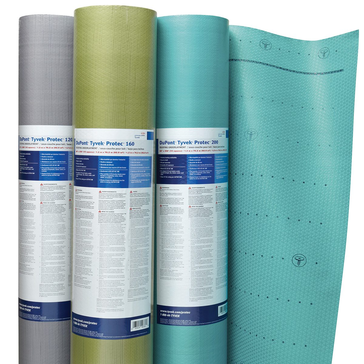 Three rolls of colorful building material stand upright, labeled for protection, displayed against a white background, showcasing varied textures and protective features.