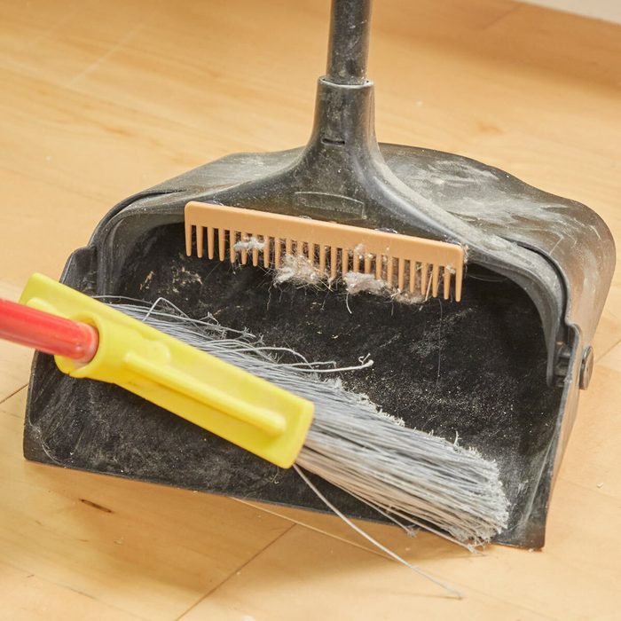 A dustpan sits on a floor, while a brush sweeps debris into it, showing a cleaning activity in a household environment.
