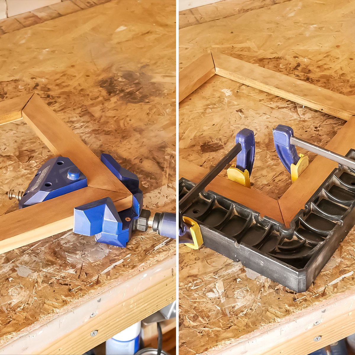 A clamp holds wooden pieces in place while another tool applies pressure, preparing them for assembly on a workbench with a textured surface.