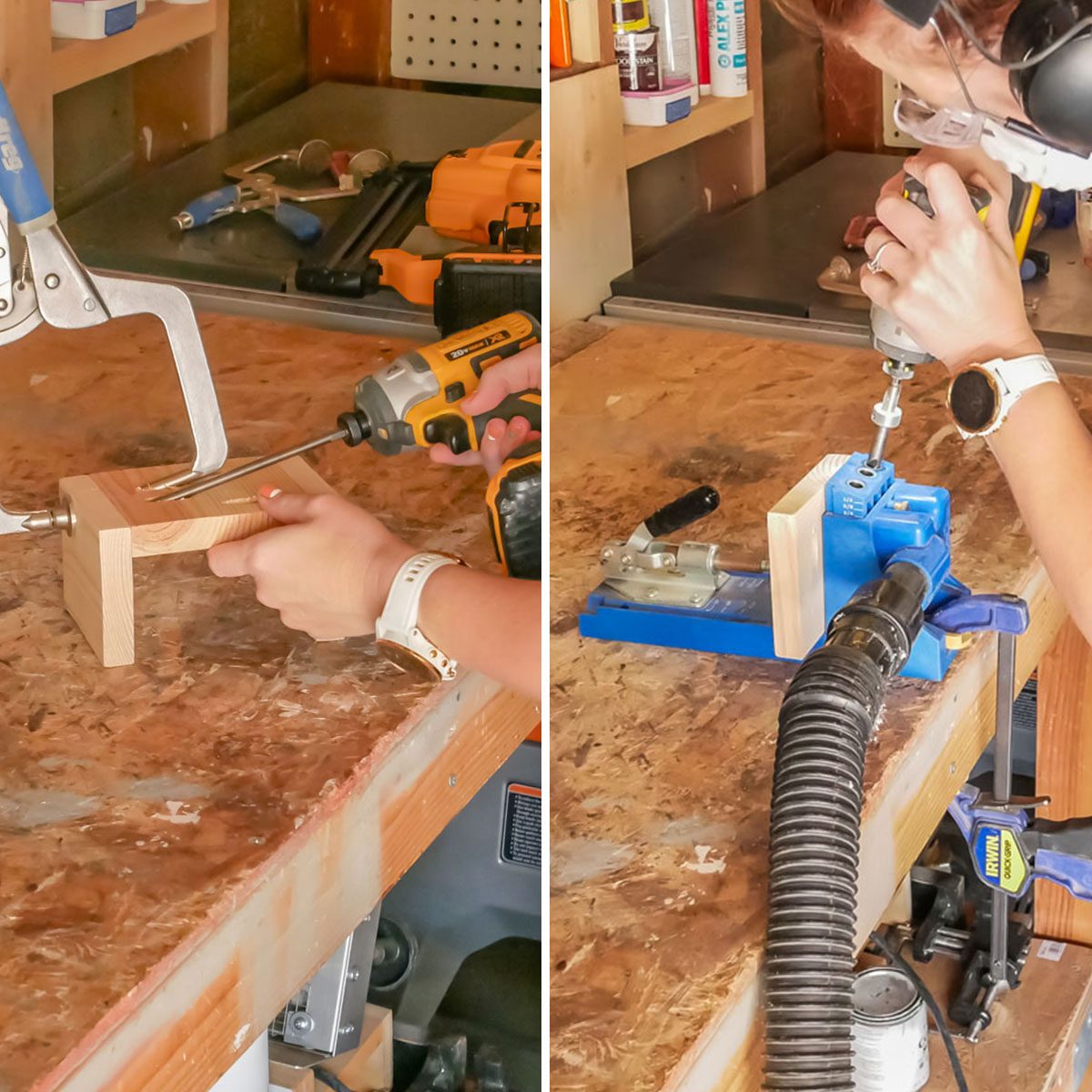 A person uses power tools to work on wood pieces on a workbench, surrounded by various tools and materials in a workshop setting.