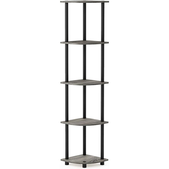 A tall, corner shelf with five gray wooden tiers supported by black metal frames, positioned upright against a neutral background.