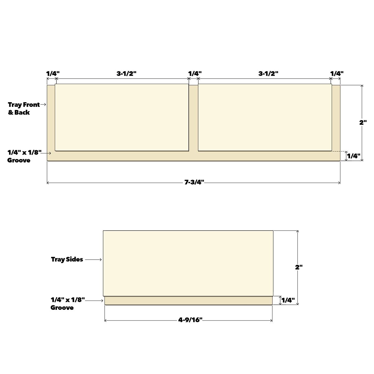 A woodworking plan outlines dimensions and grooves for a rectangular tray, featuring two compartments and side parts for construction guidance.