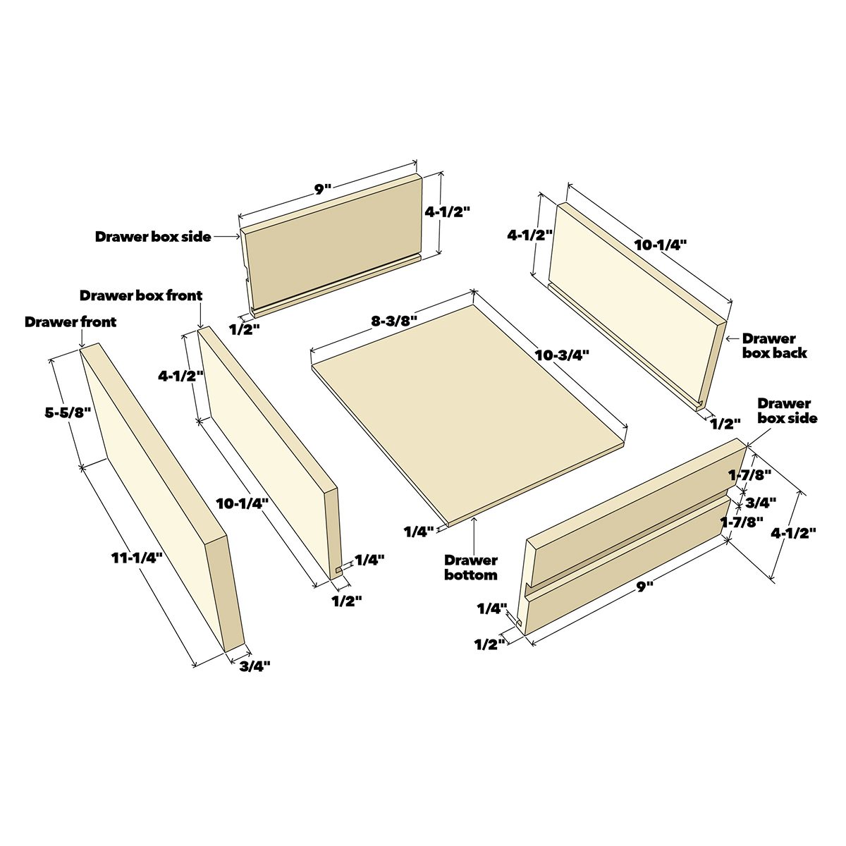 Several drawer components are outlined with measurements, arranged to illustrate assembly. Each piece is labeled, showing dimensions for construction.