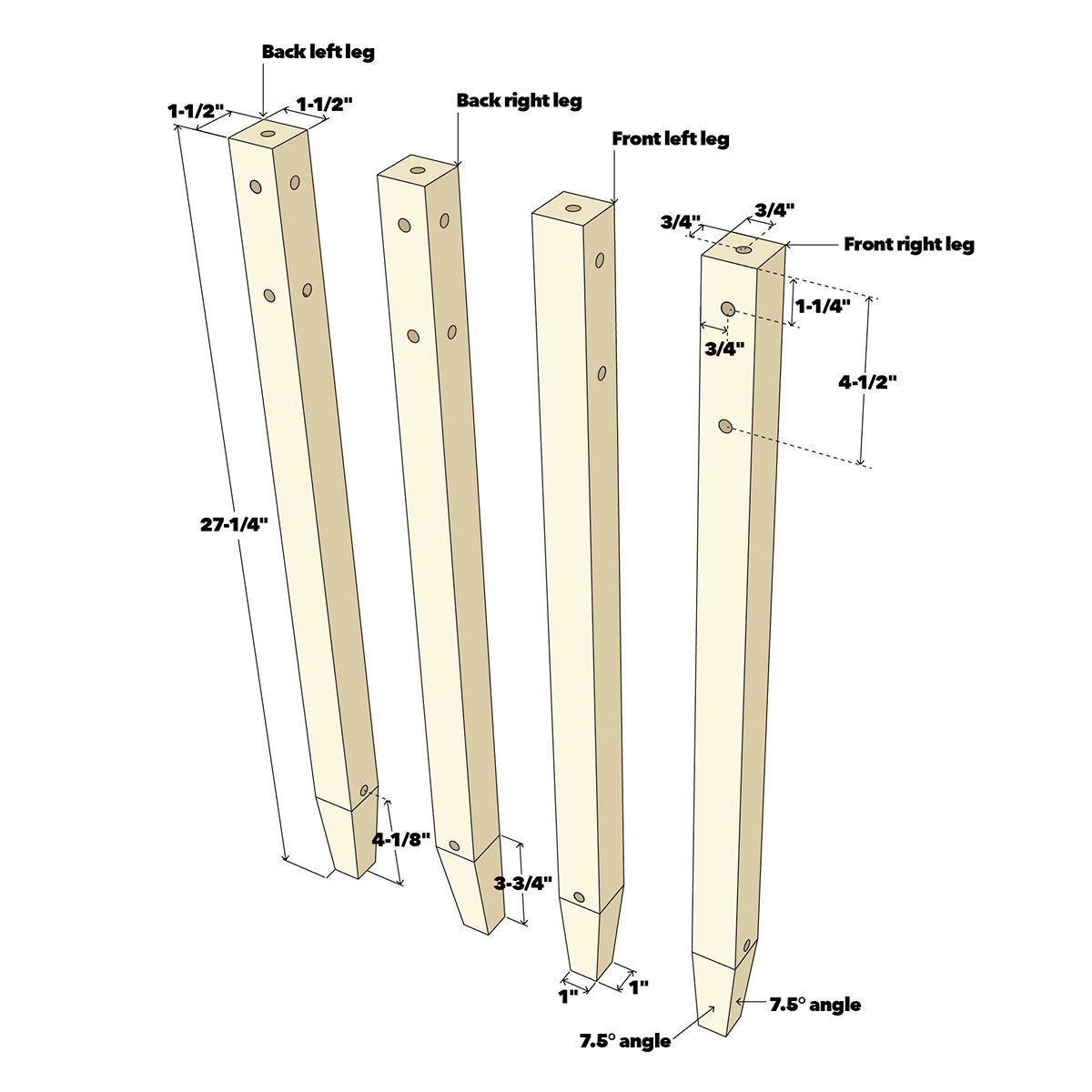 Four wooden legs are displayed, with specific measurements marked, indicating their positions and angles for assembly in a project.