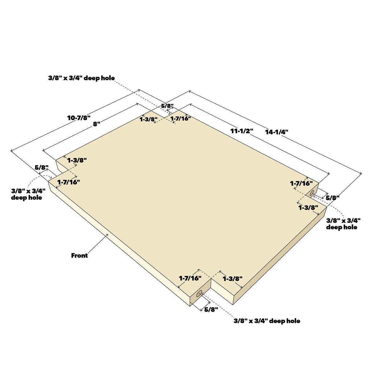 A rectangular wooden panel is outlined with precise measurements and annotations, showing drill hole specifications and dimensions for construction purposes.