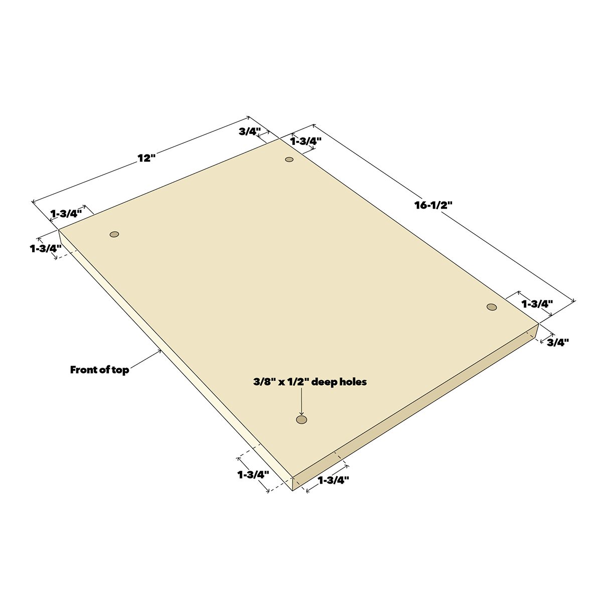 A rectangular board lies flat, featuring two drilled holes. Dimensions are indicated, and a label notes the hole specifications along one edge.