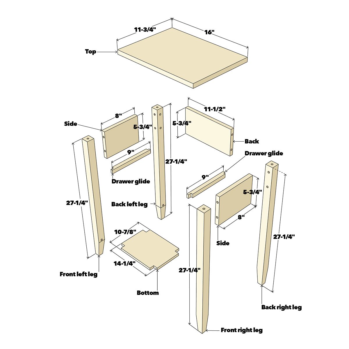 A furniture assembly diagram shows various wooden parts labeled with dimensions, indicating their arrangement for constructing a drawer unit or table.
