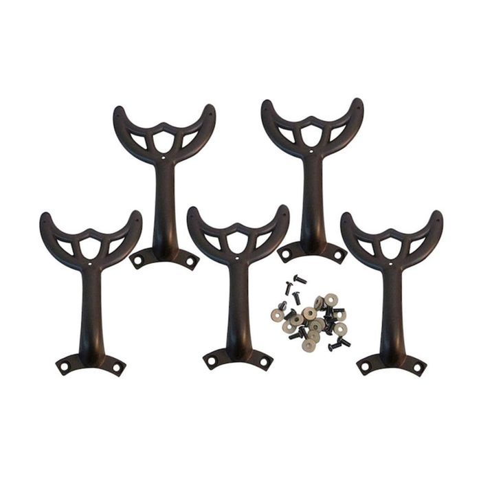 Five black mount brackets are arranged together, with screws and washers scattered nearby on a white background, indicating preparation for installation.