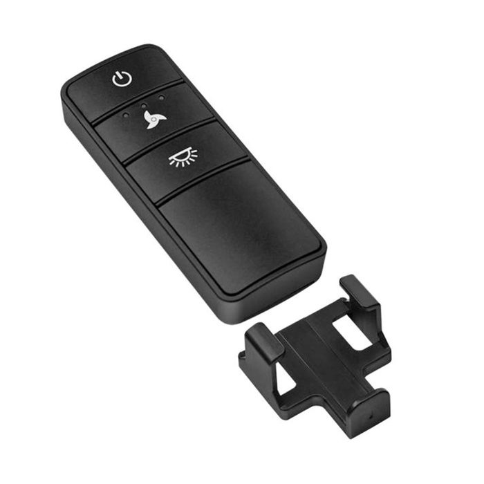 A black remote control rests beside a small holder. The remote has three buttons for functions, ideal for operating electronic devices.