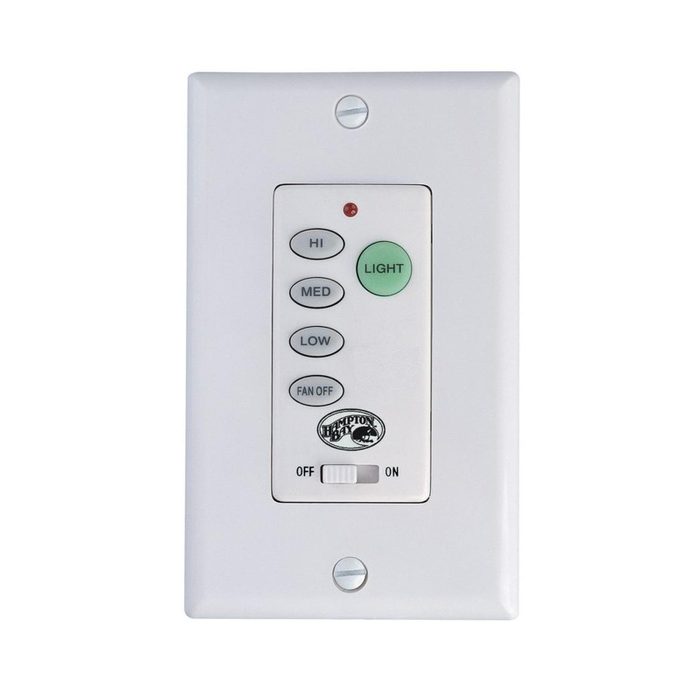 A white wall switch controls lighting and fan speeds, featuring buttons for high, medium, low, a light indicator, and an on/off slider.