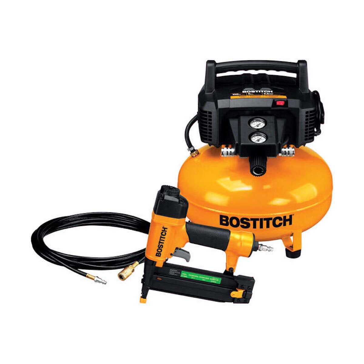 A BOSTITCH air compressor connects to a pneumatic nail gun via a hose, providing compressed air for fastening materials in construction or woodworking projects.