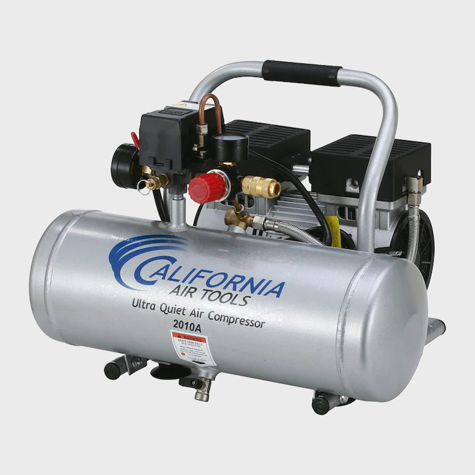 A silver air compressor operates quietly, featuring gauges and valves, set against a neutral background, designed for efficient air supply in various tasks.