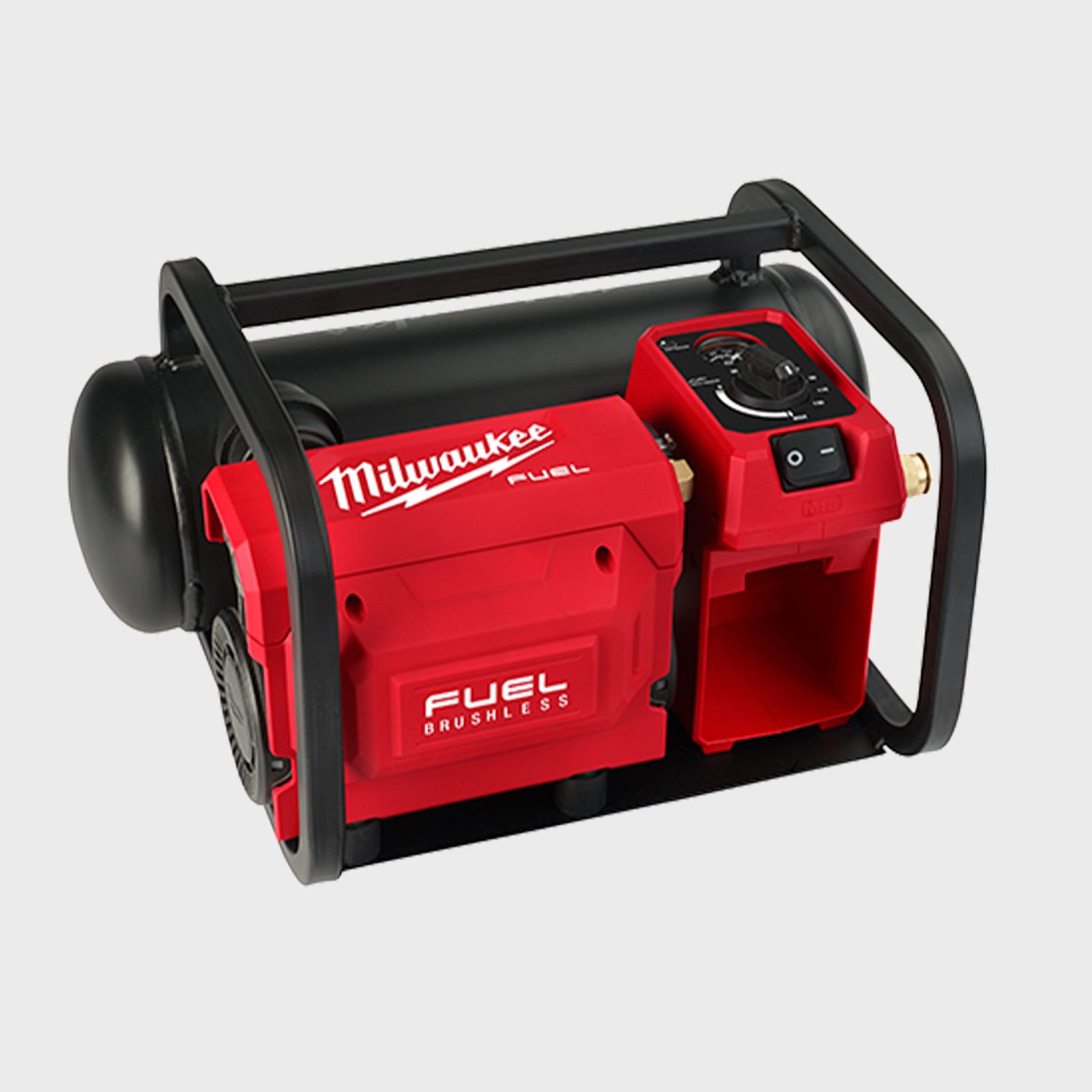 A compact red air compressor operates, featuring a digital control panel and a cylindrical tank, designed for power tools in construction or DIY settings.