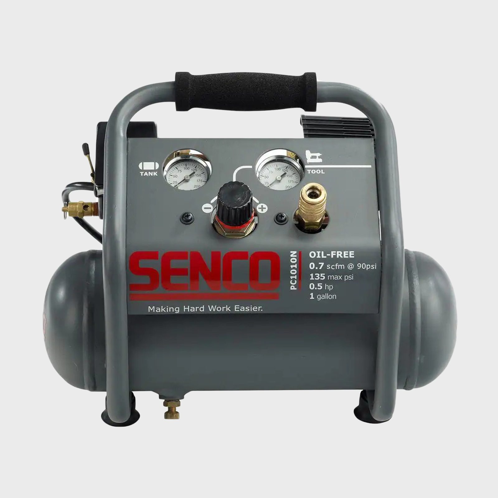 A compact air compressor sits on a flat surface, with controls and gauges visible. It's designed for powering tools, labeled "SENCO," in a neutral background.