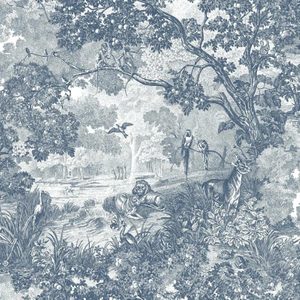 Monkeys sit in a tree, while birds fly. A deer grazes nearby, and a lion rests by a stream surrounded by lush vegetation and trees.