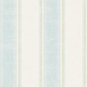 Vertical striped wallpaper features soft pastel colors, primarily light blue and white, creating a subtle pattern that enhances a light and airy ambiance.