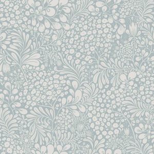 Floral patterns in white intertwine with greenish-blue backgrounds, creating an intricate design of leaves and blossoms throughout the entire surface area.