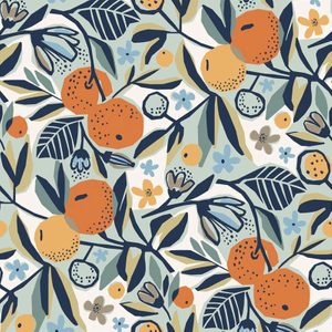 Bright oranges and various flowers are intertwined with leaves across a light background, creating a vibrant, patterned design suitable for textiles.