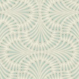 A patterned fabric features light green and cream shapes resembling stylized petals, arranged symmetrically across a soft background, creating an elegant and cohesive design.