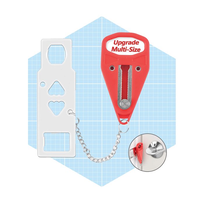 A red multi-size door lock upgrade tool hangs on a chain next to a white tool. The background is a light blue grid pattern.