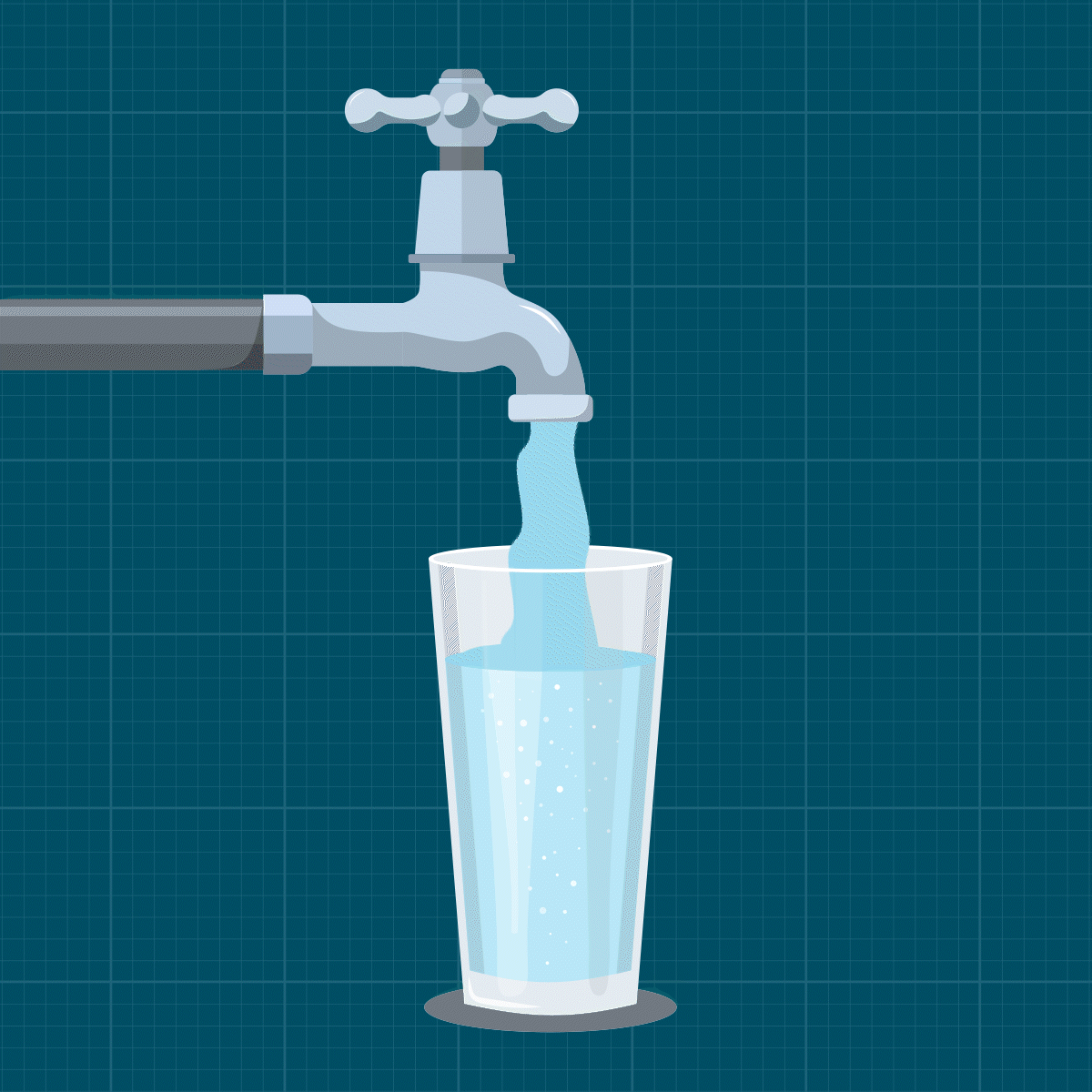 A faucet is pouring water into a glass, filling it from above against a blue grid background.