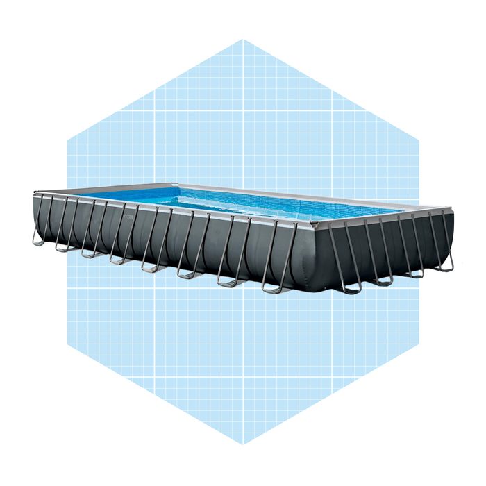 A rectangular above-ground pool contains blue water, supported by a metal frame, set against a light blue grid background.