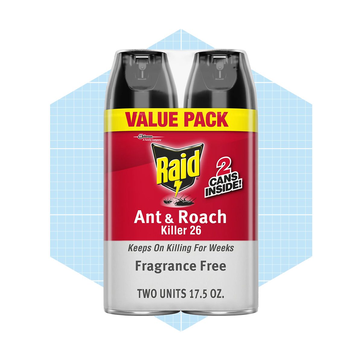 A double pack of insecticide cans labeled "Raid Ant & Roach Killer 26," designed to kill pests, set against a light blue geometric background.