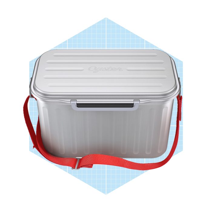 A silver cooler with a red shoulder strap sits against a light blue geometric background, suggesting portability for outdoor activities or gatherings.