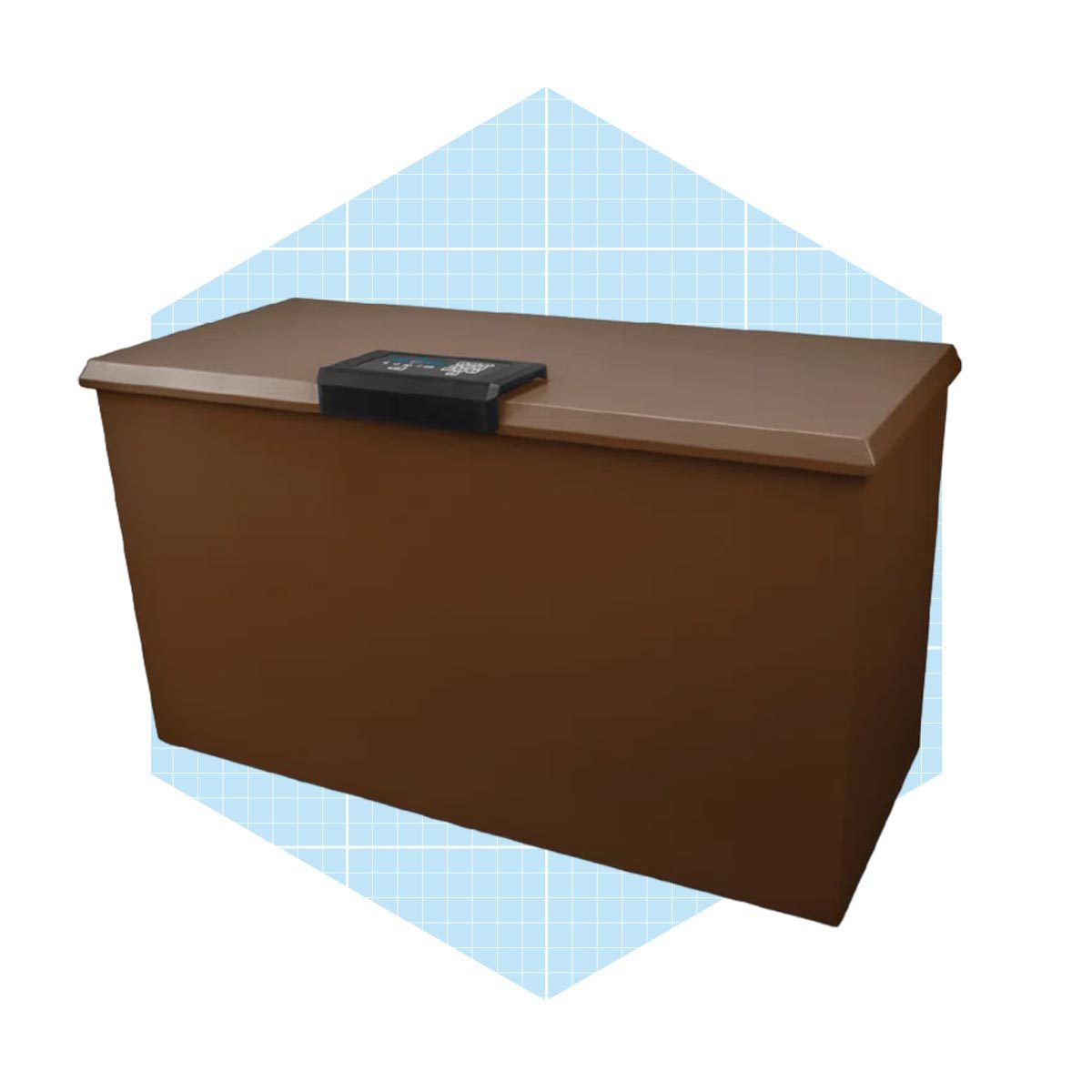 A brown storage box sits on a light blue geometric background, with a black latch and control panel on top, suitable for organizing or storing items.