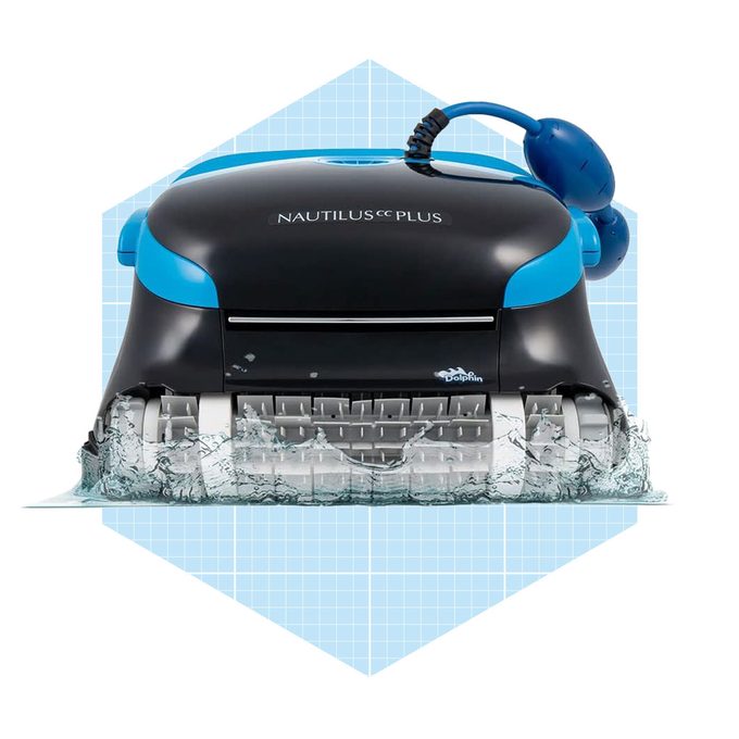 A robotic pool cleaner glides through water, scrubbing surfaces, while surrounded by a light blue grid background, emphasizing its efficient design.